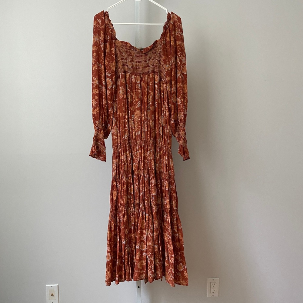 Free‎ People Boho Coastal Smocked Floral Tiered Maxi Dress Small Rust - Picture 7 of 7